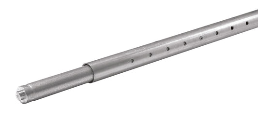 Metal telescoping tarp roller shaft with multiple adjustment holes and a rounded end, shown isolated on a white background.