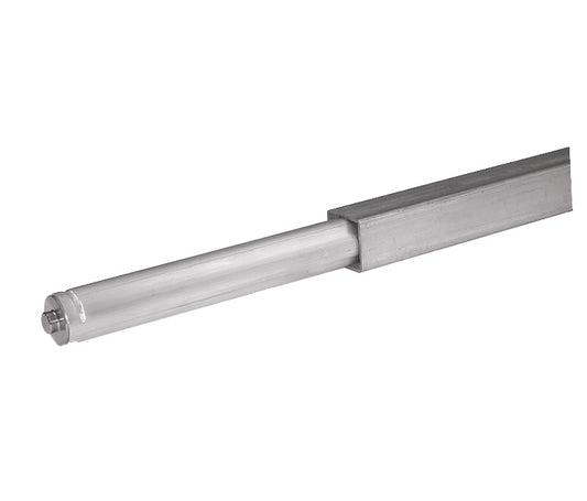 Metal sliding tarp roller tube with square outer sleeve and round inner shaft, shown isolated on a white background.