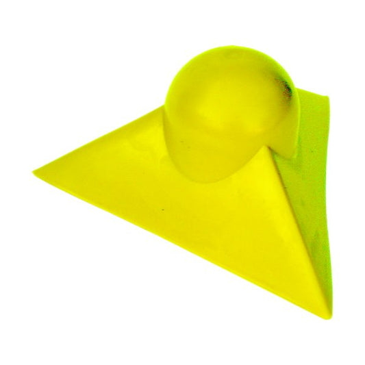 Yellow plastic corner cap with a rounded dome center and triangular base, shown isolated on a white background.