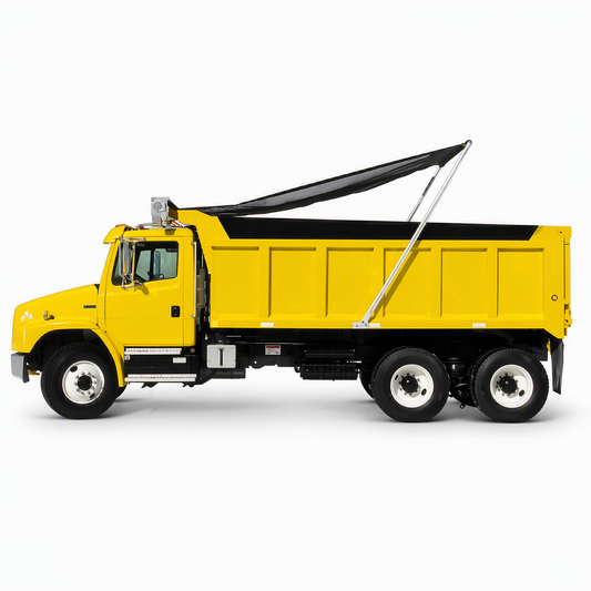 Yellow tandem-axle dump truck with black mesh tarp system mounted over the dump bed.