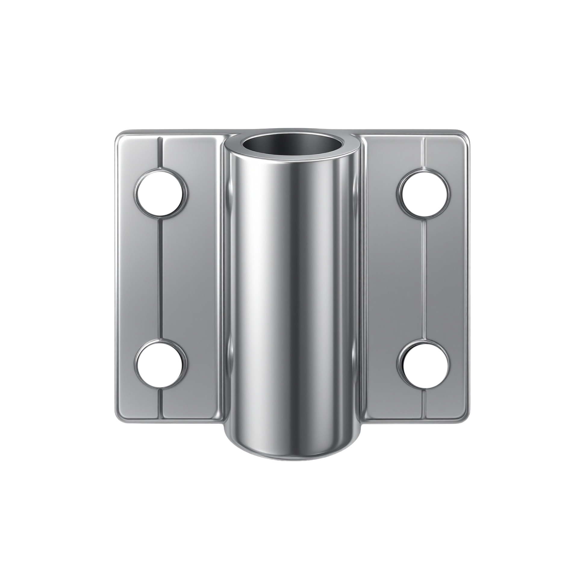 A polished stainless steel mounting bracket with a central cylindrical hole and two side plates, each featuring two circular screw holes, shown on a plain white background.