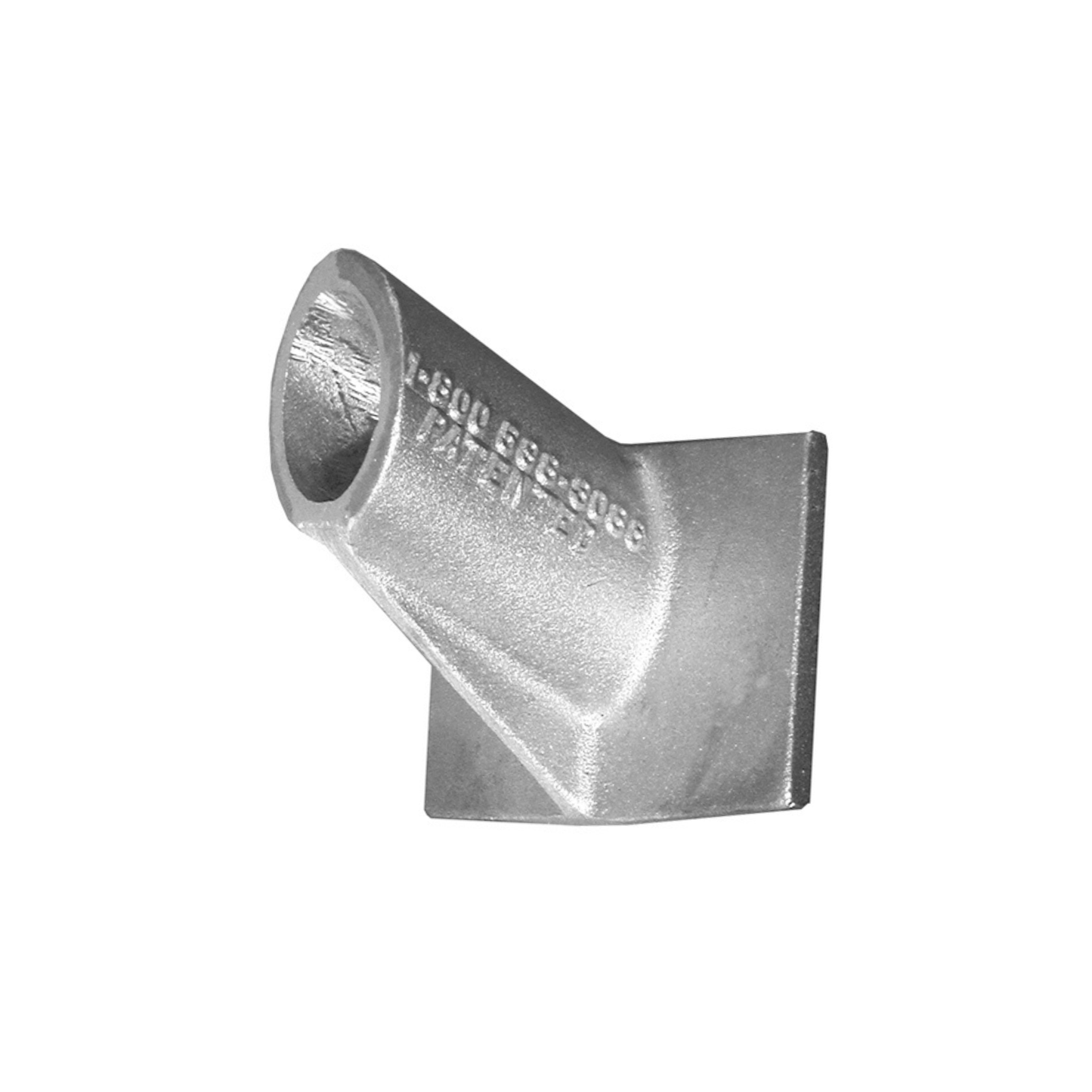 A cast metal elbow pipe fitting with a square wall section, featuring stamped specifications '1/2 IN LBS-3/8 IN' on the side, isolated on a white background.
