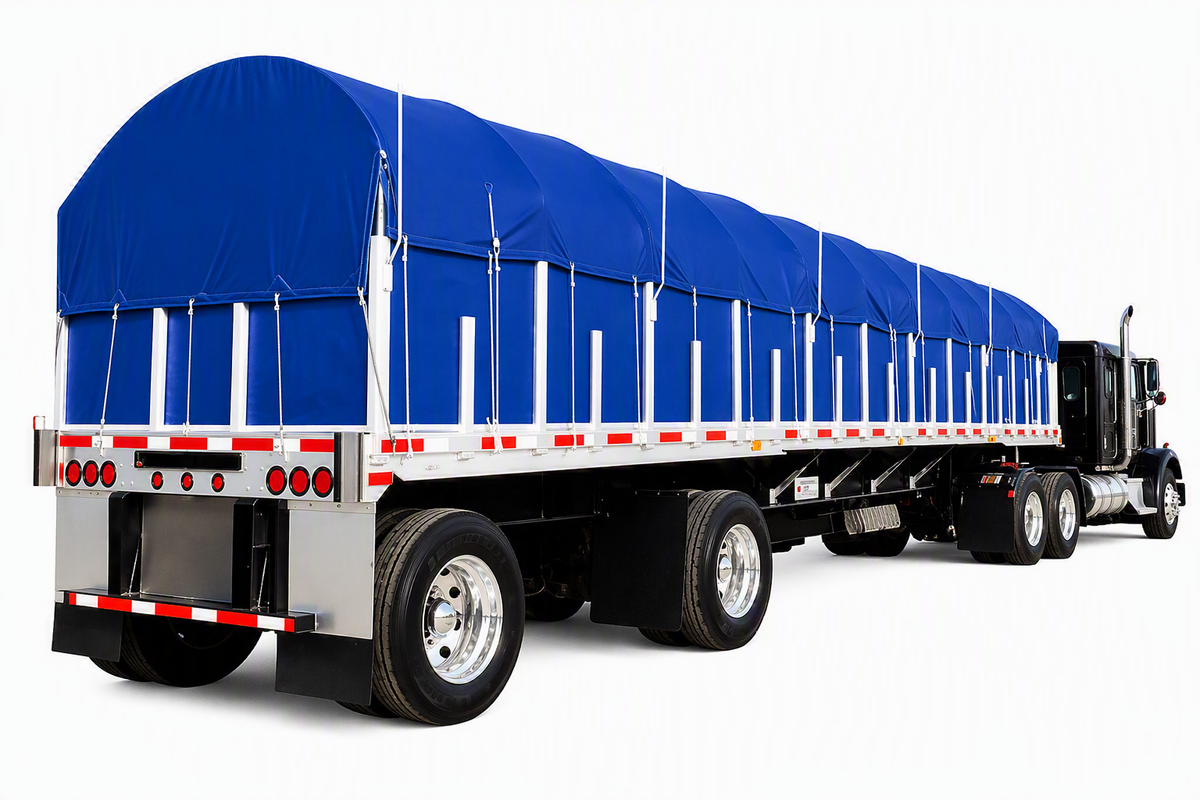 Black semi-truck with a long trailer covered by a blue fitted tarp system, shown on a white background from a rear three-quarter view.