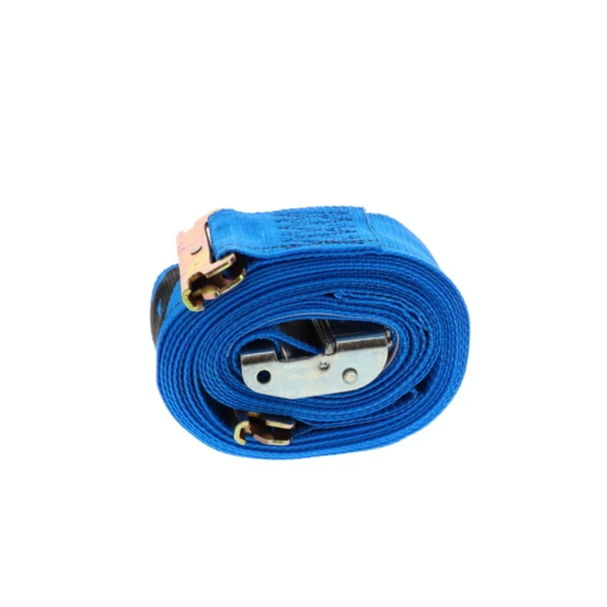 Blue cam buckle tie-down strap with metal buckle and adjustable polyester webbing for cargo securement.
