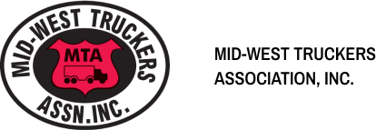 Circular logo for Mid‑West Truckers Association, Inc., featuring a black and white outer ring with the text “MID‑WEST TRUCKERS ASSN. INC.” Surrounding a red center labeled “MTA” with a stylized black semi‑truck icon, set against a black background.