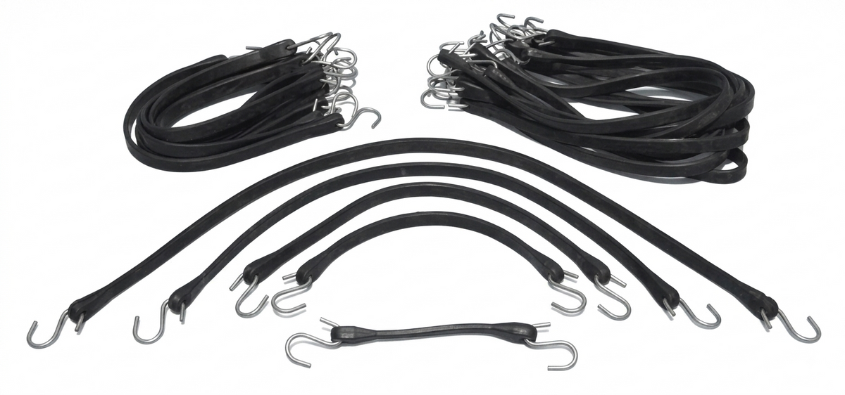 Set of black rubber tie-down straps with metal hook ends, displayed on a white background. Multiple straps are shown bundled and laid flat to highlight length, flexibility, and hook attachments