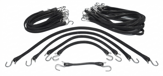 Set of black rubber tie-down straps with metal hook ends, displayed on a white background. Multiple straps are shown bundled and laid flat to highlight length, flexibility, and hook attachments