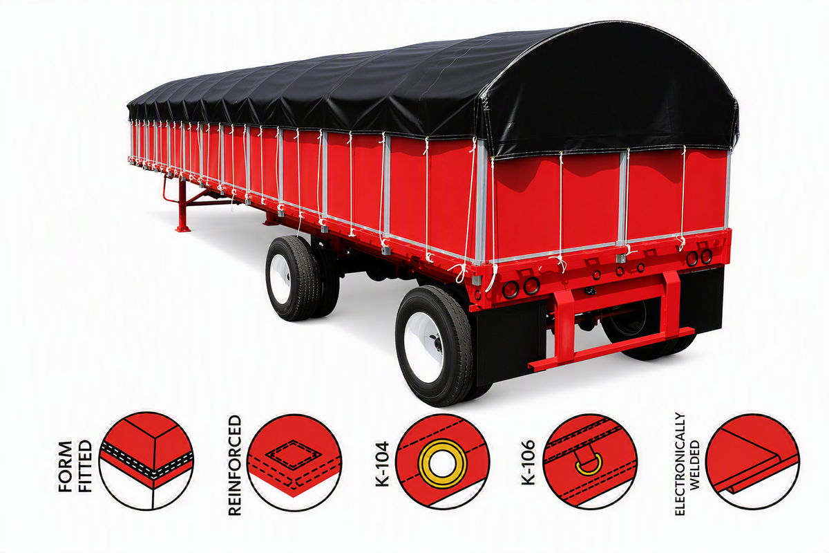 Red agricultural trailer with black tarp cover on a white background, shown with reinforced tarp construction features including form-fitted corners, reinforcements, grommets, hooks, and electronic weld seams.