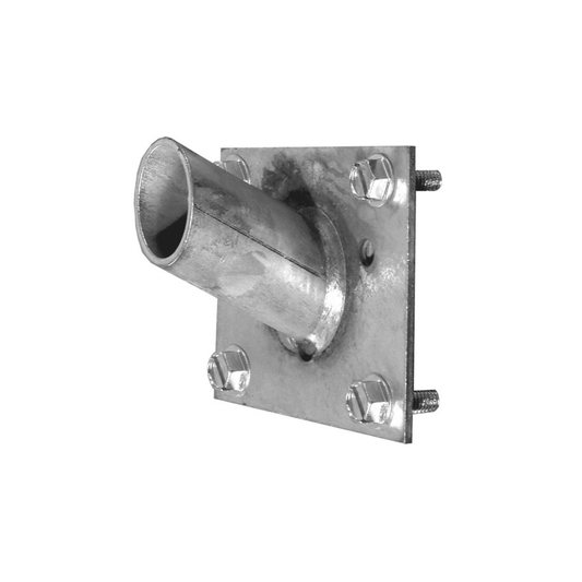 Galvanized steel wall mount pipe fitting with a square flange, four mounting bolts, and a cylindrical pipe section extending at an angle.