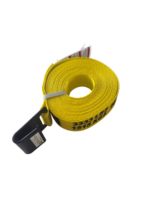 A bright yellow heavy-duty strap with black printed weight capacity markings and a black plastic buckle, coiled on a white surface.