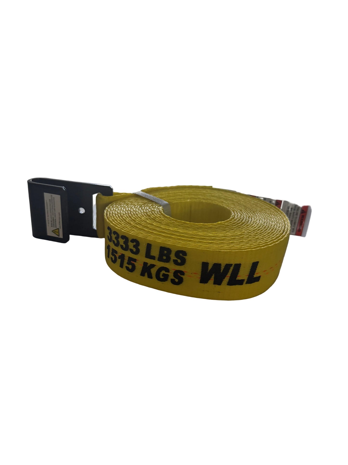 A yellow webbing strap with a black buckle, printed with '3333 LBS 1515 KGS WLL' in bold black text, resting on a light-colored surface in a room setting.