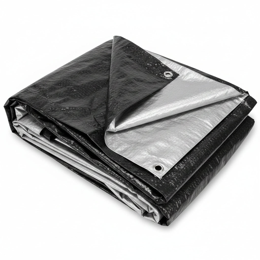 Folded blue tarp on a white background