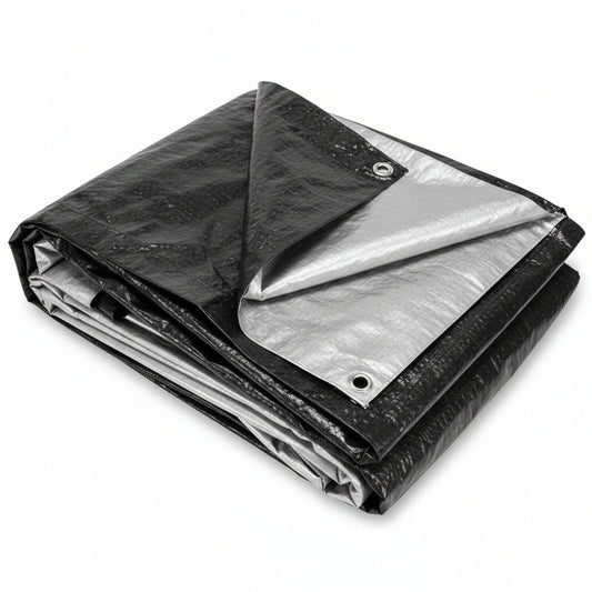 Folded blue tarp on a white background