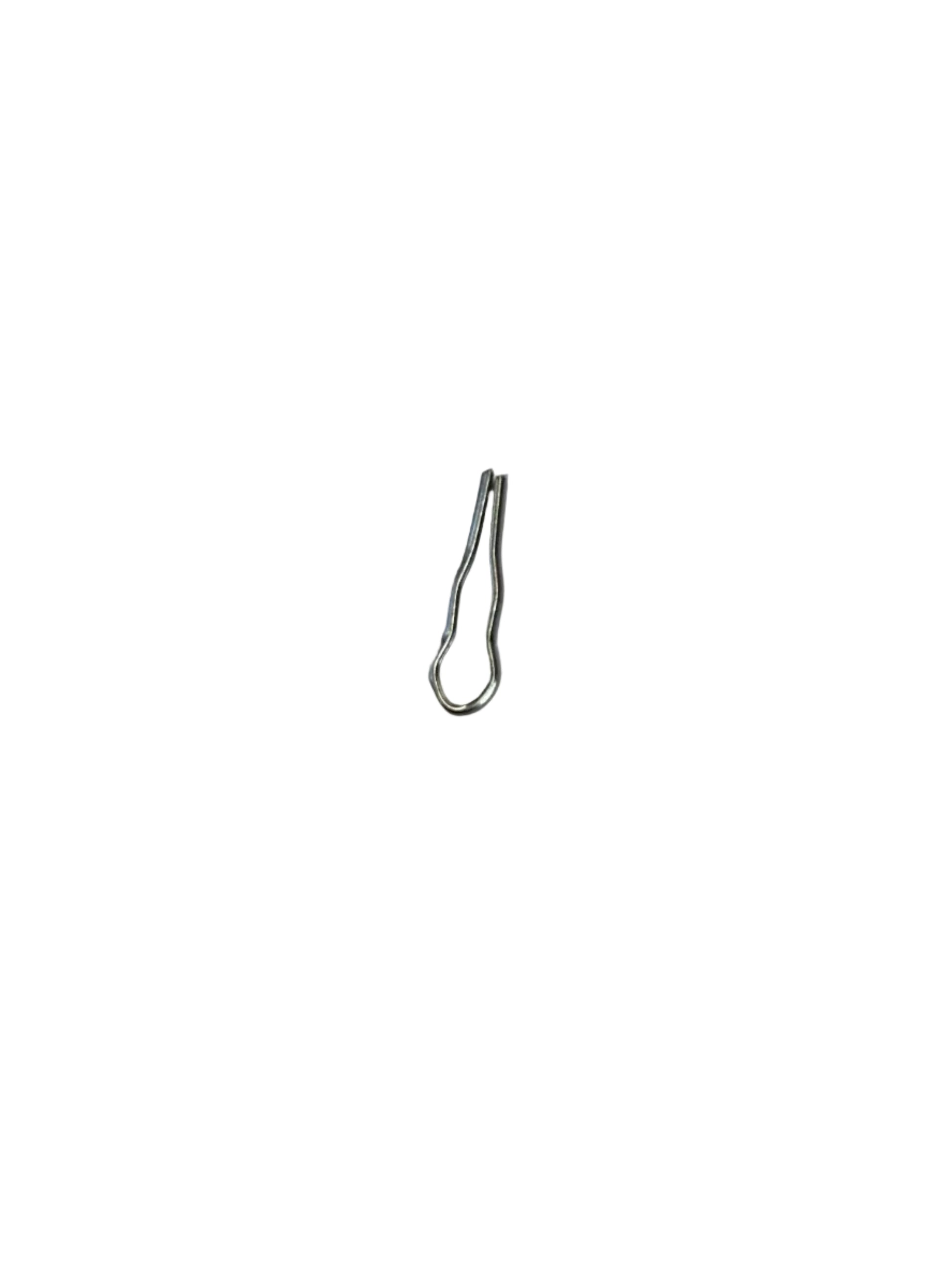 Top‑down view of a small silver metal cotter pin with a looped head and two narrow prongs, centered on a white sheet of paper with a neutral textured surface visible around the edges.