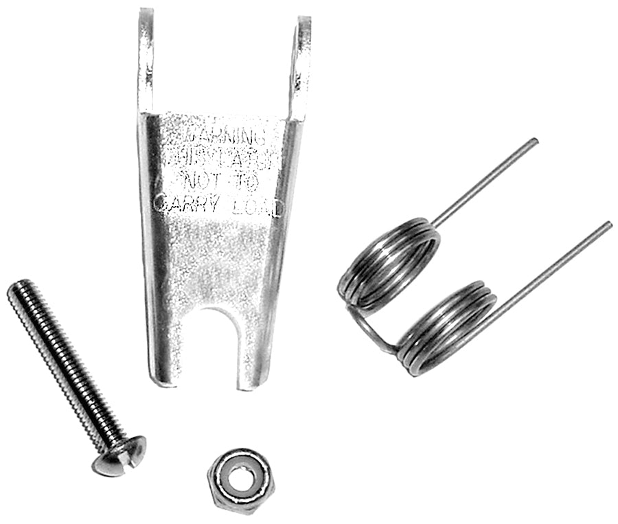 Black-and-white product image of a metal latch kit showing a stamped steel bracket, two coiled torsion springs with straight ends, a threaded bolt, and a hex nut arranged on a white background.