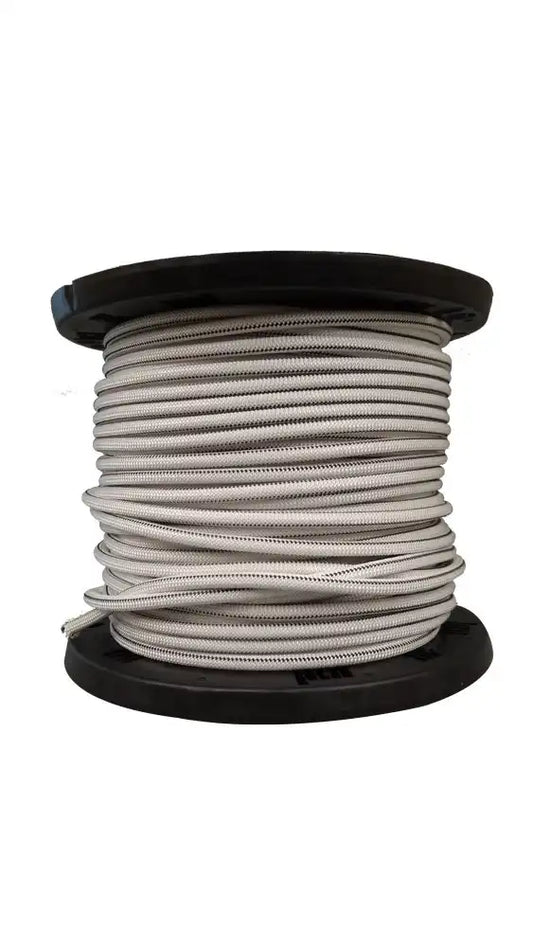 Spool of white elastic shock cord with a braided outer sheath, wound around a black plastic reel and displayed against a plain background.