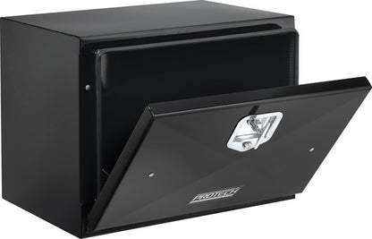 Angled view of a compact black steel truck tool box with a front-opening drop-down door partially open, featuring a chrome locking latch and PROTECH logo, isolated on a white background.