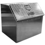 Angled view of a black steel step box with a sloped diamond‑plate lid, rectangular storage compartment, and sturdy welded construction, isolated on a white background.
